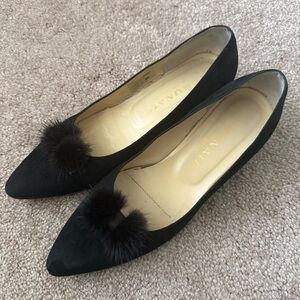 Brunate Suede Pointed Toe Pumps with Real Mink Fur Decoration